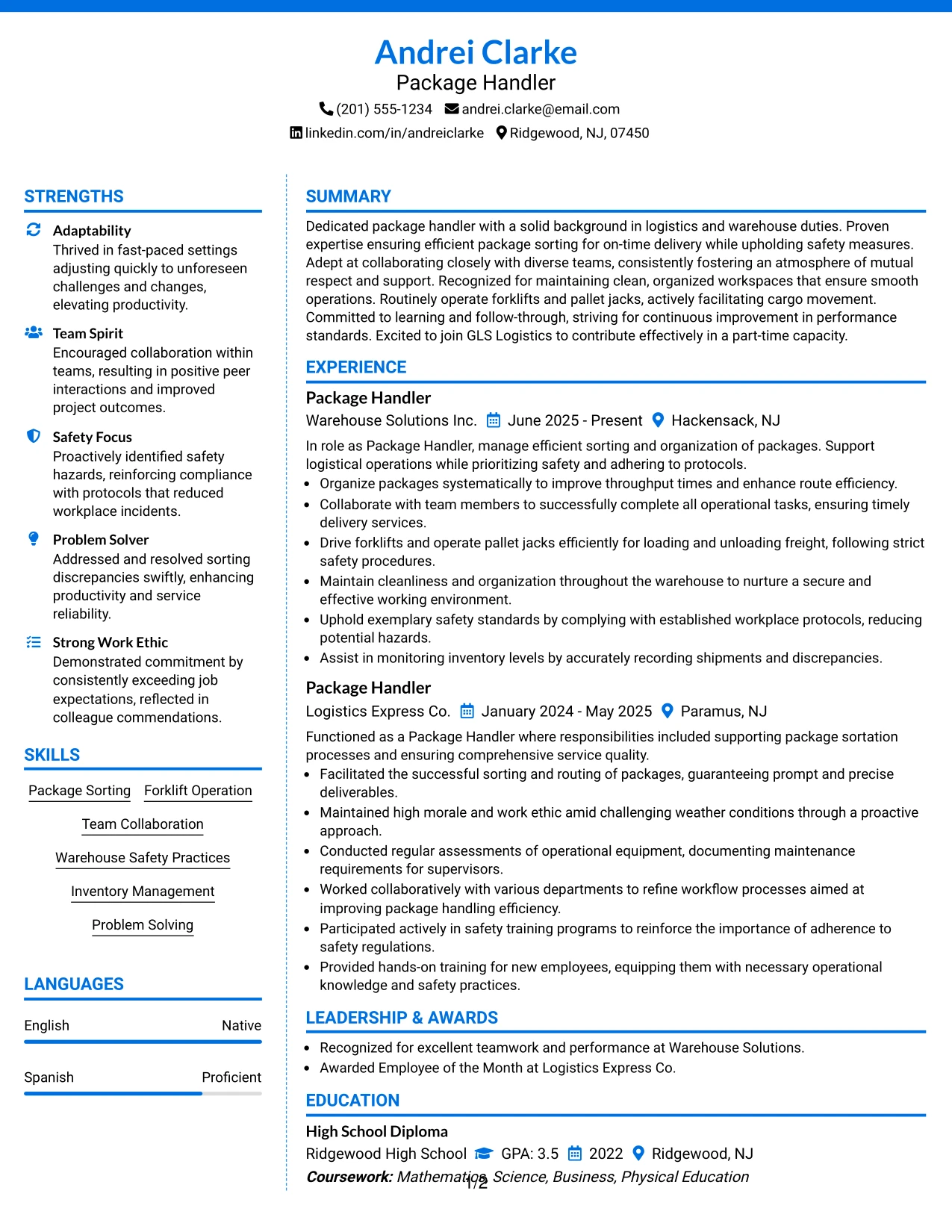 Resume Example Page 1