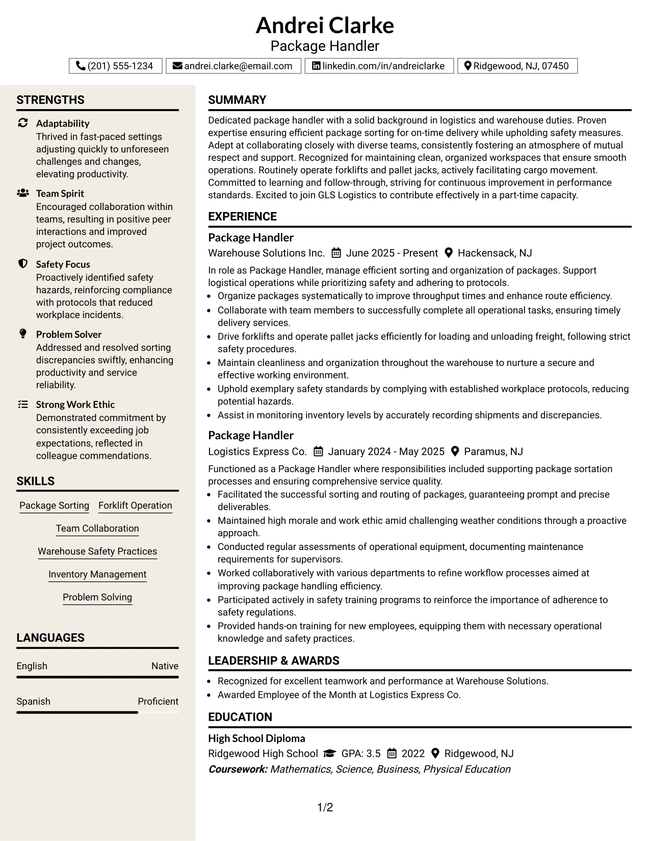 Resume Example Page 1