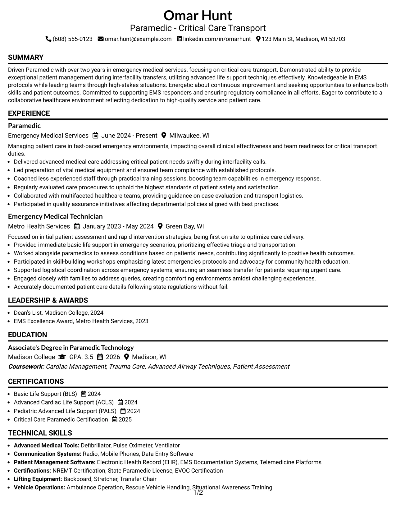 Resume Example Page 1