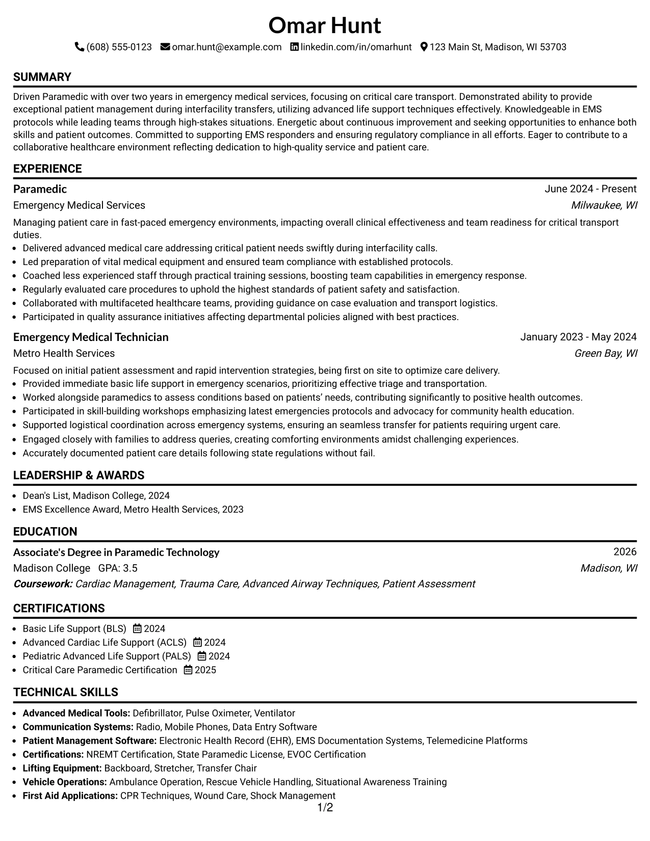 Resume Example Page 1