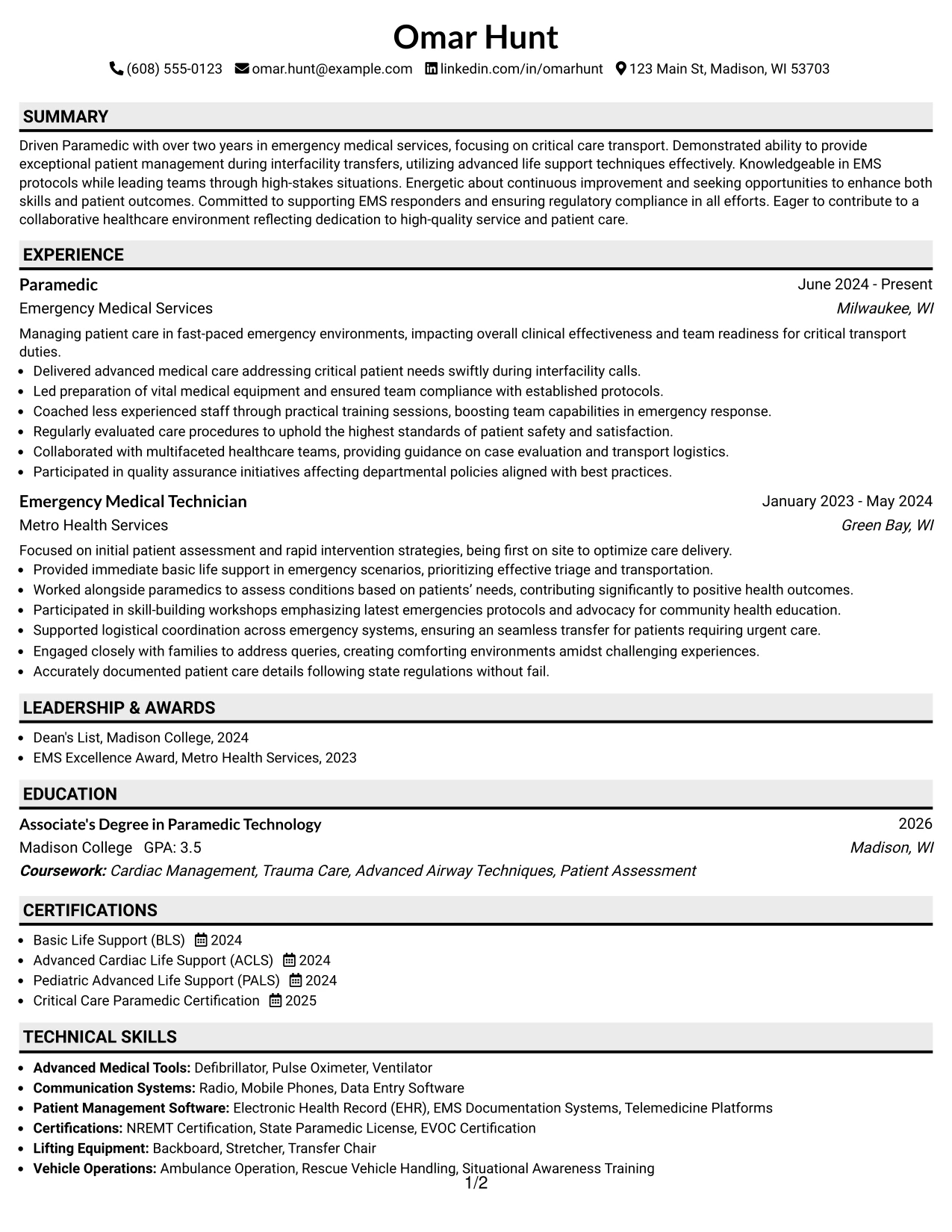 Resume Example Page 1