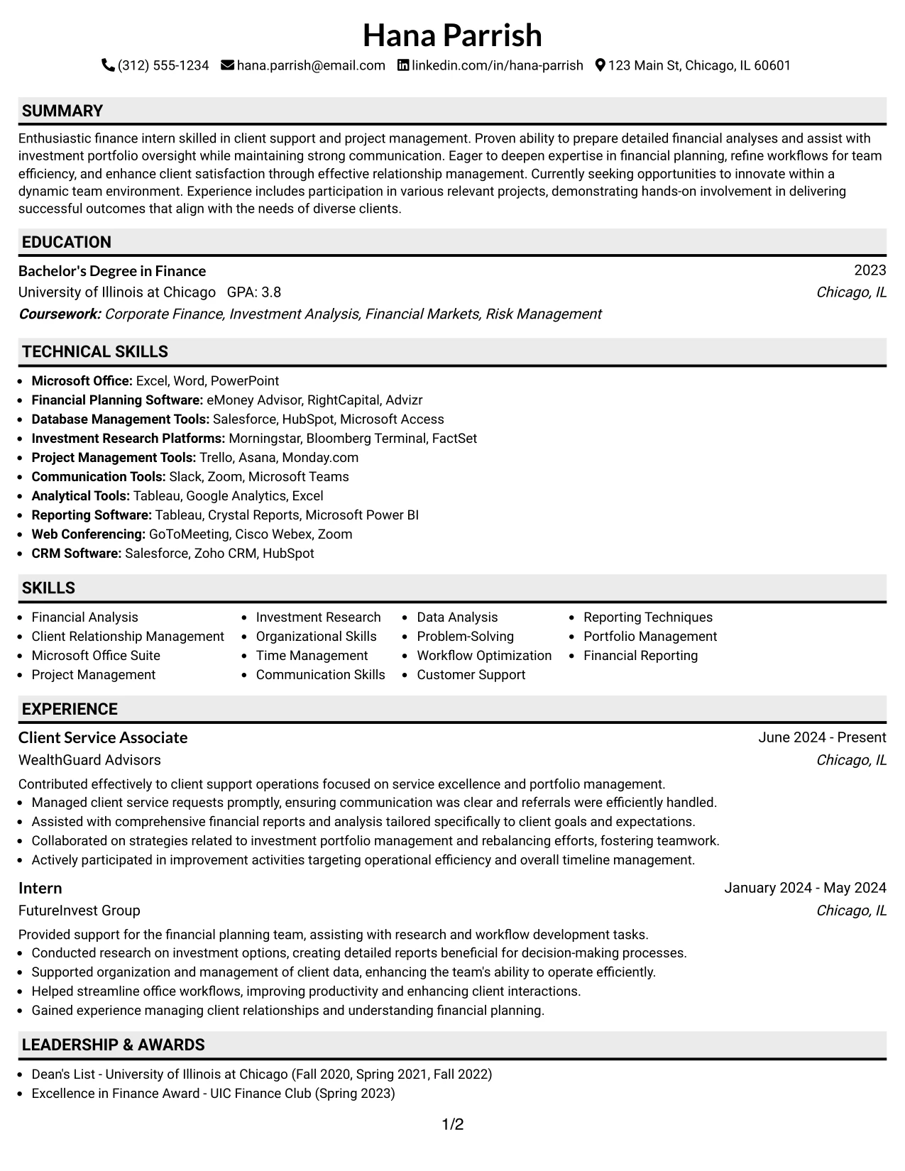 Resume Example Page 1