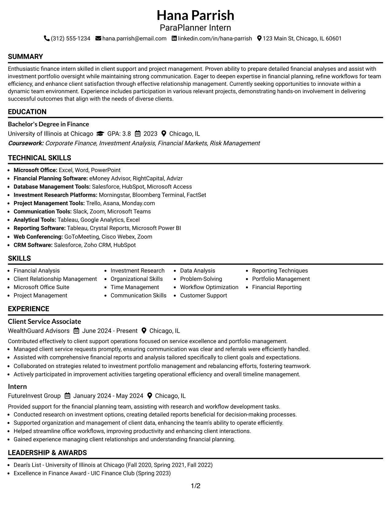 Resume Example Page 1