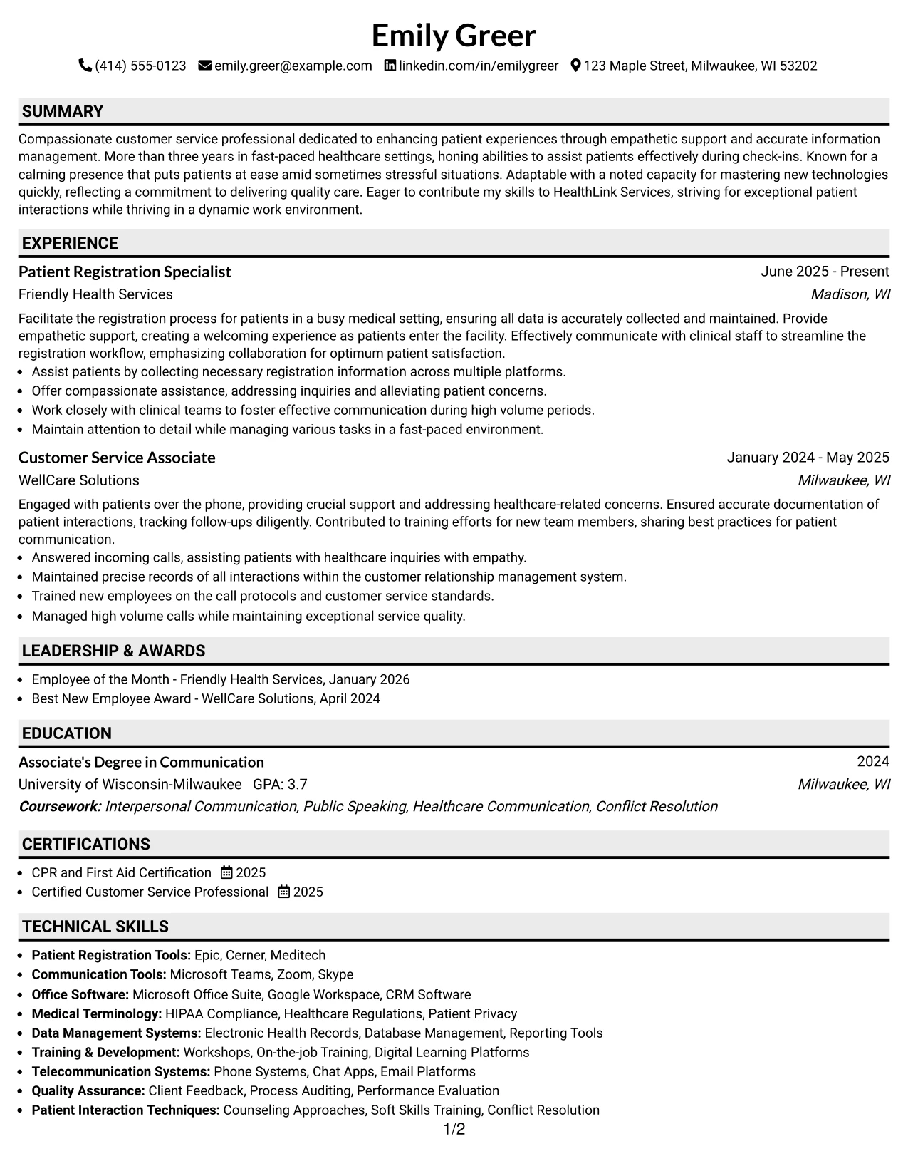 Resume Example Page 1