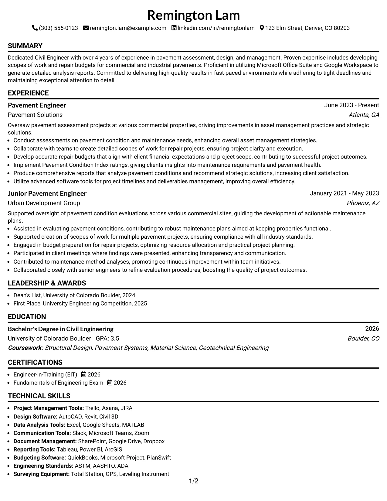 Resume Example Page 1