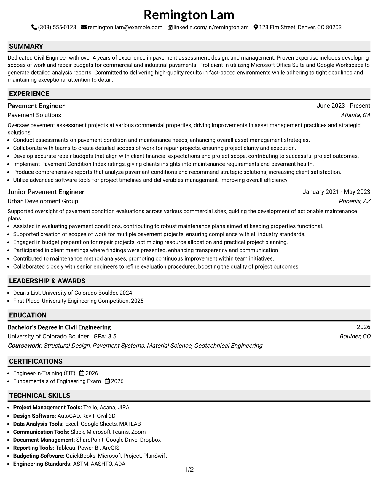 Resume Example Page 1