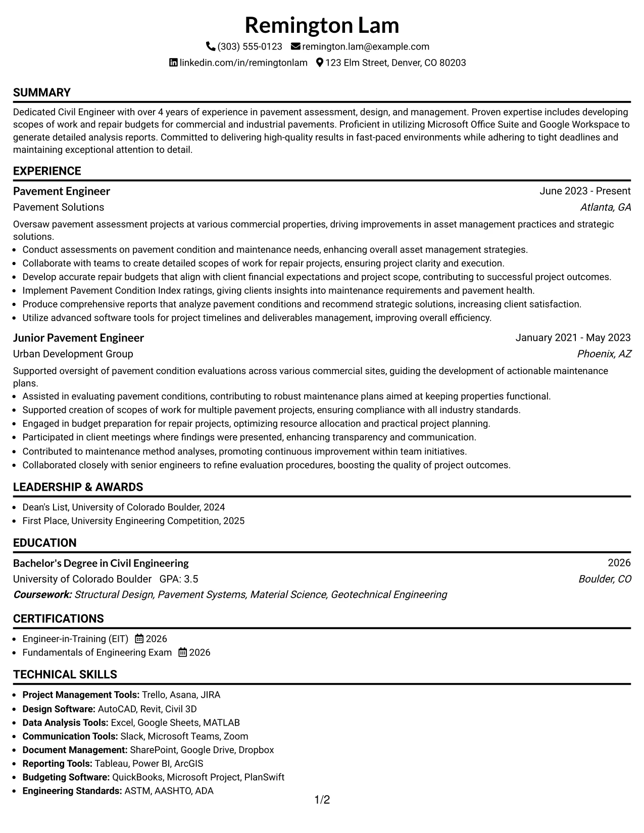 Resume Example Page 1