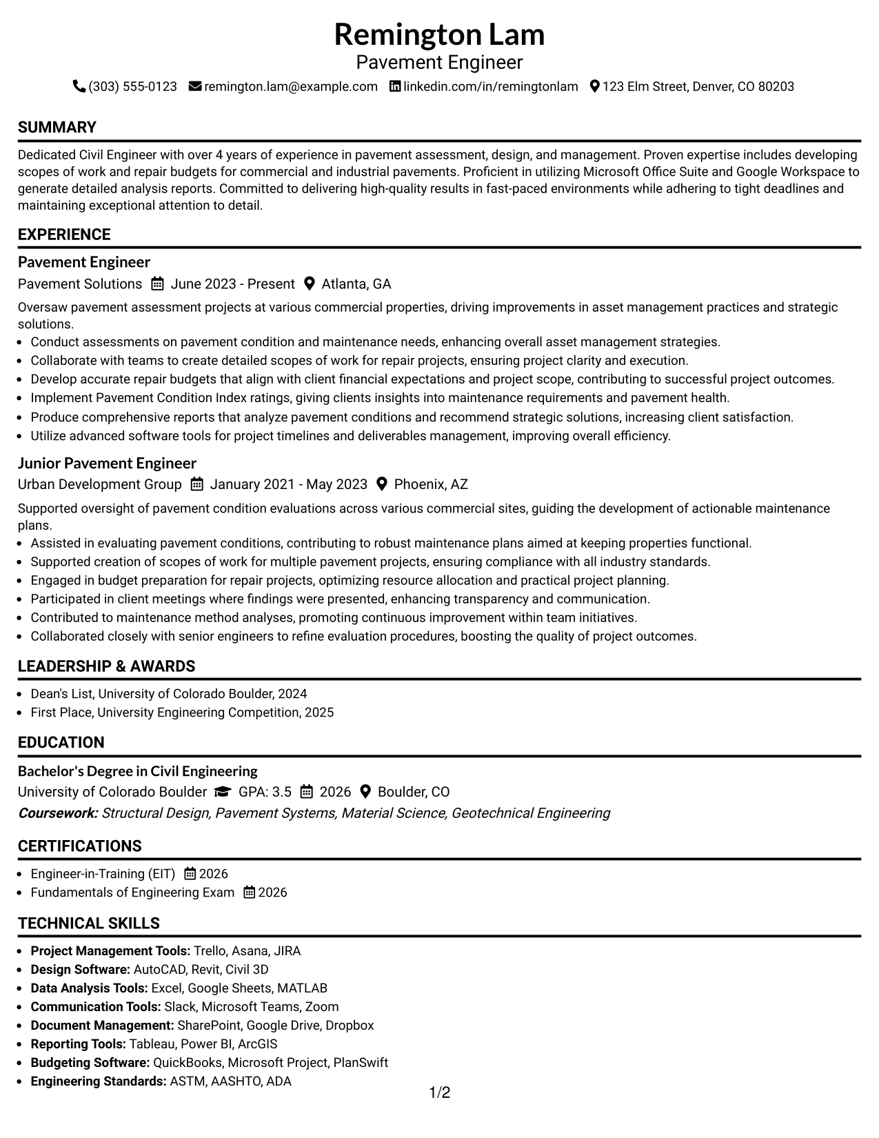 Resume Example Page 1
