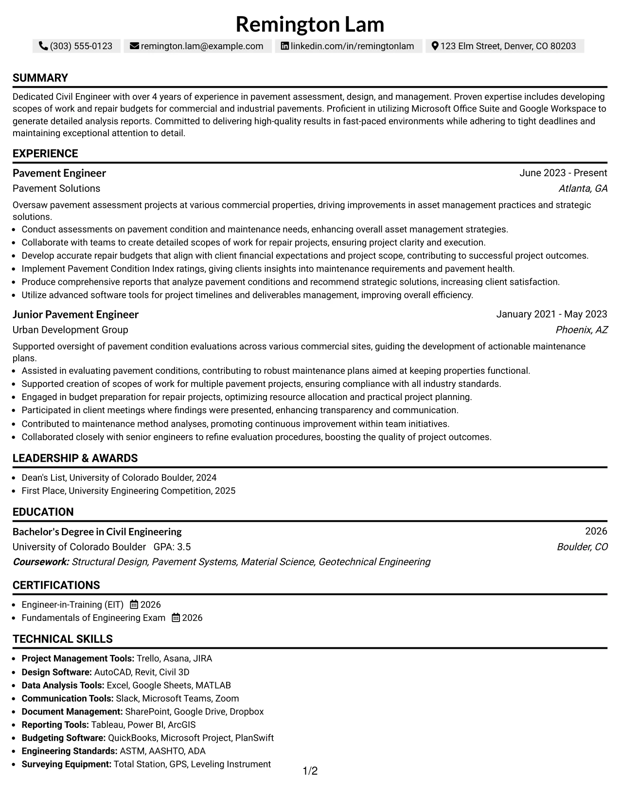 Resume Example Page 1