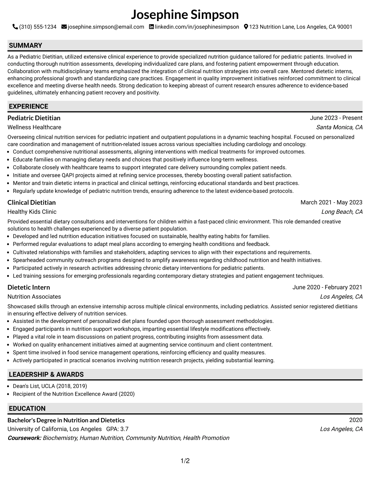 Resume Example Page 1