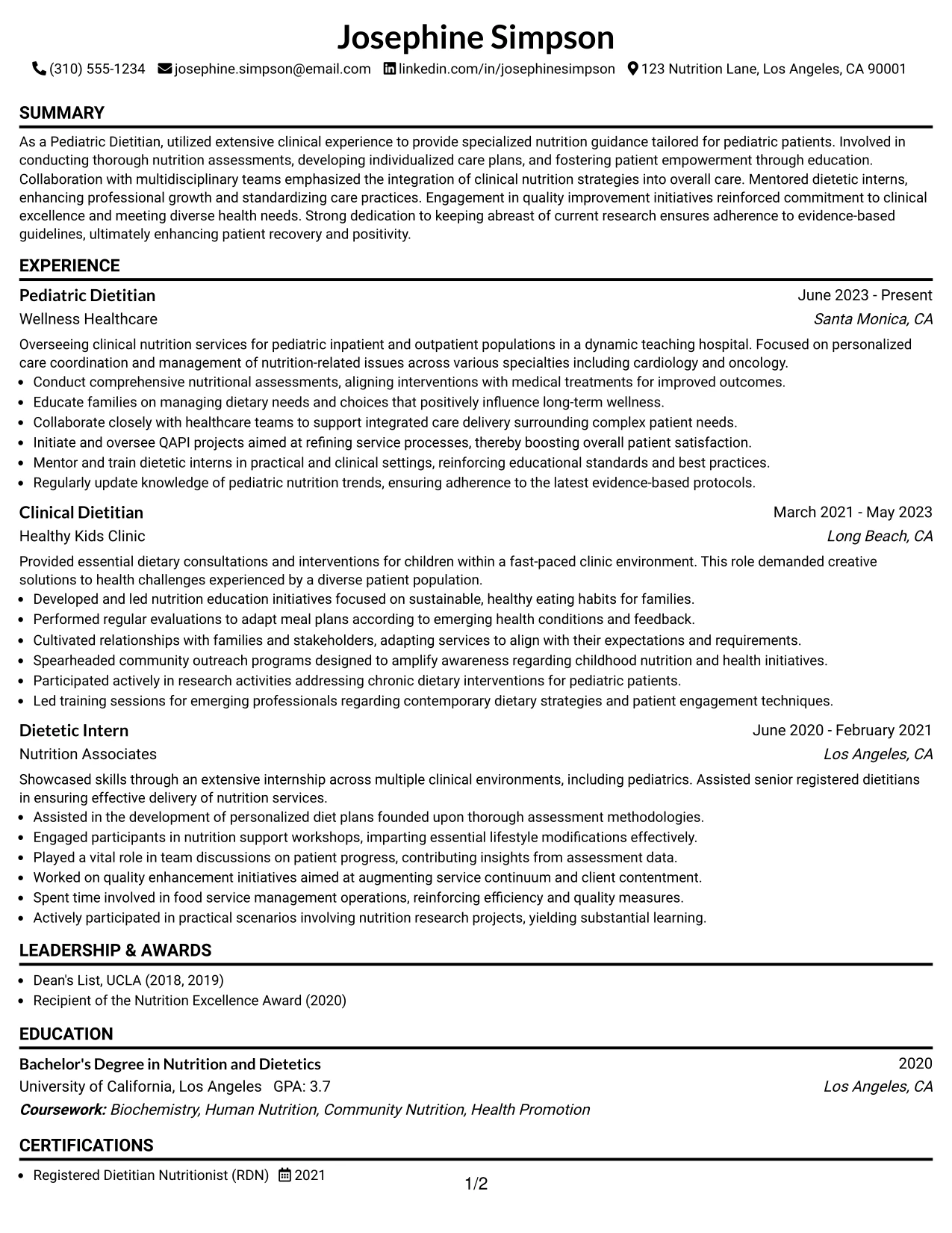 Resume Example Page 1