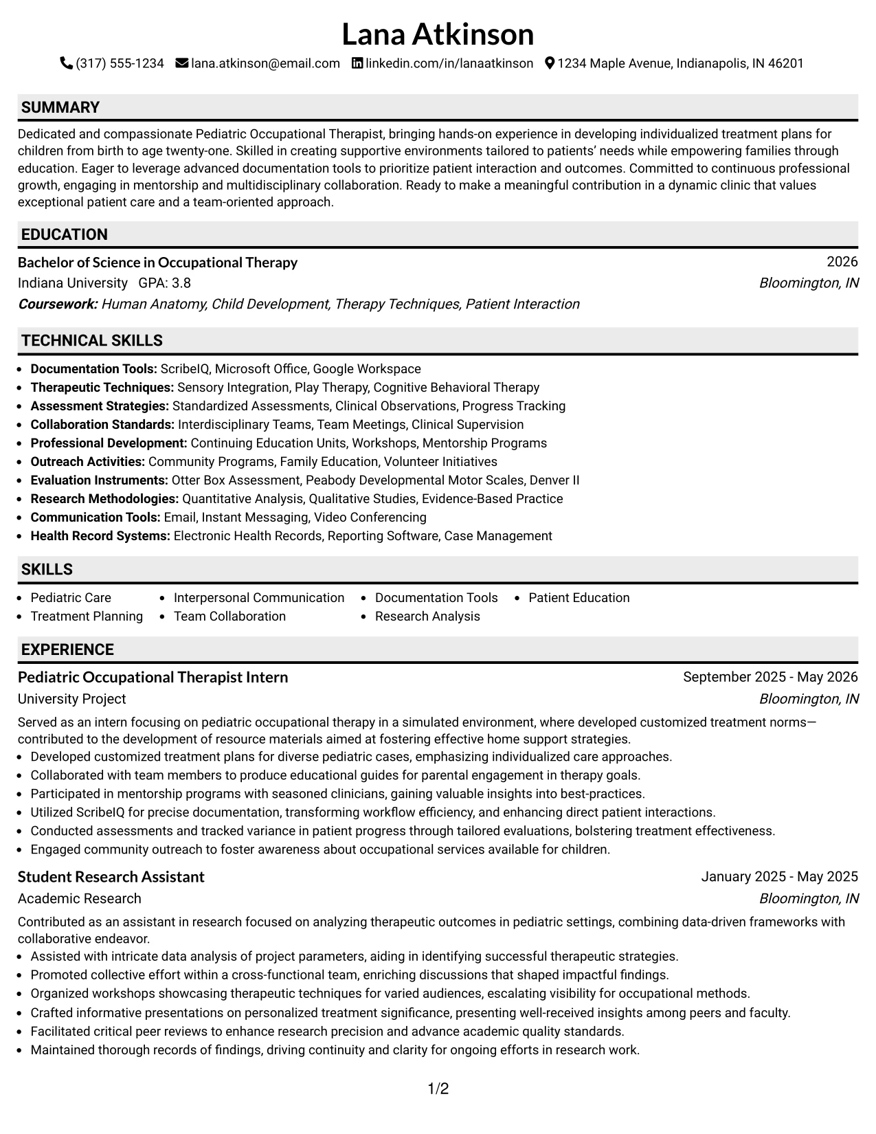 Resume Example Page 1