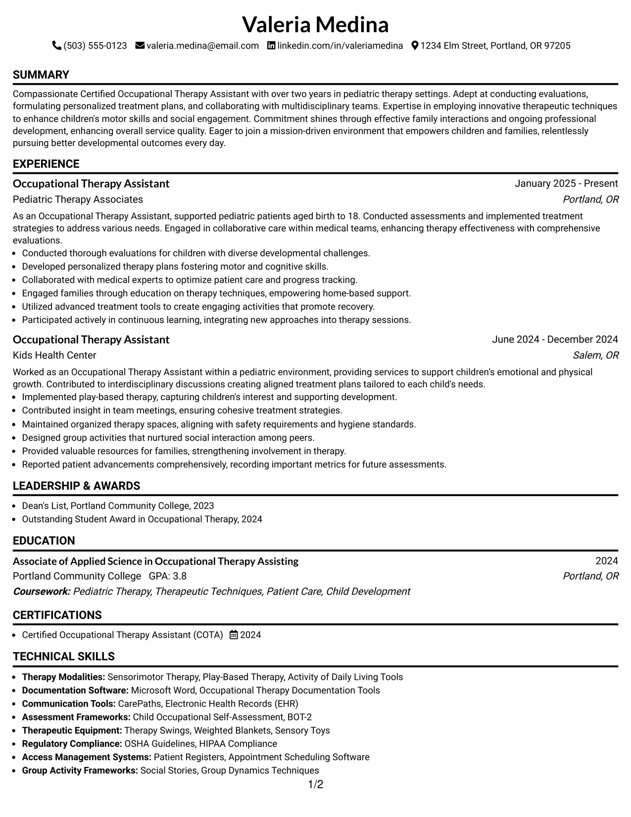 Resume Example Page 1