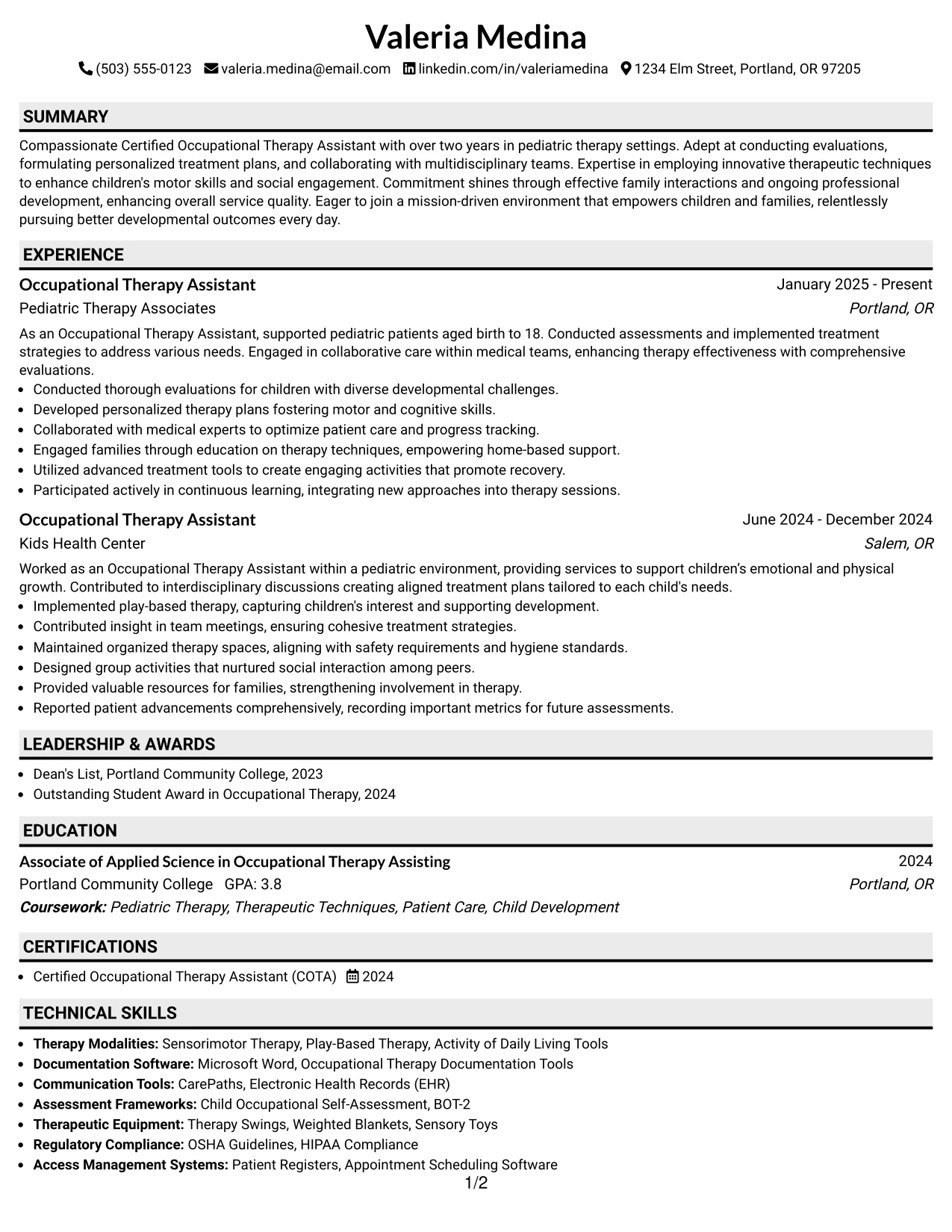 Resume Example Page 1