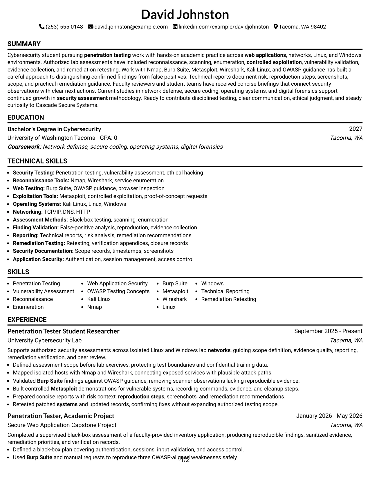 Resume Example Page 1