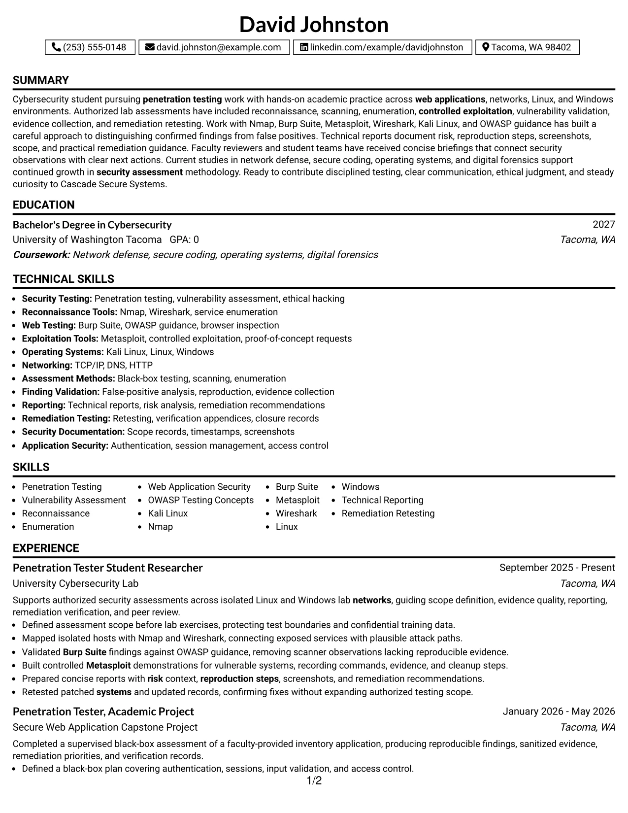Resume Example Page 1