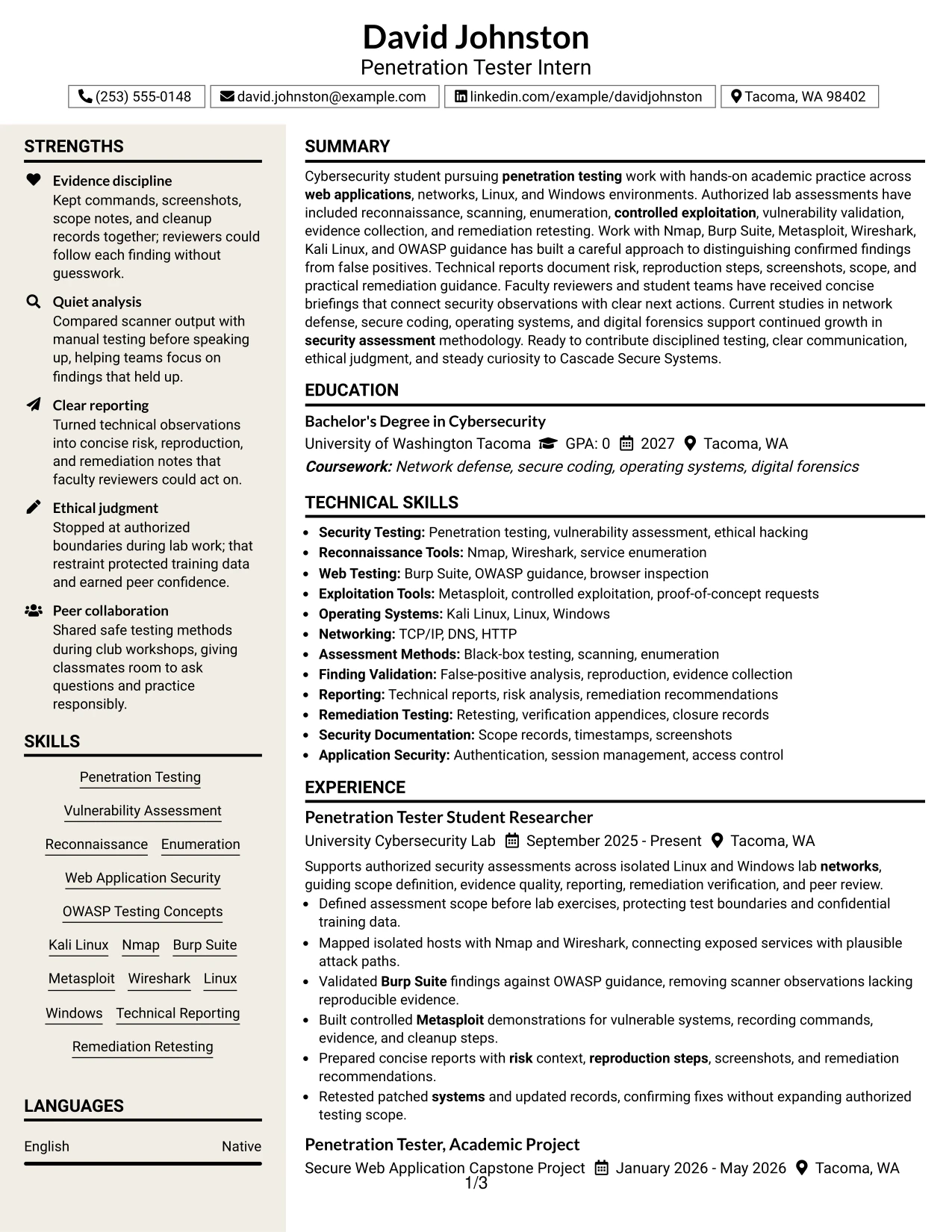 Resume Example Page 1