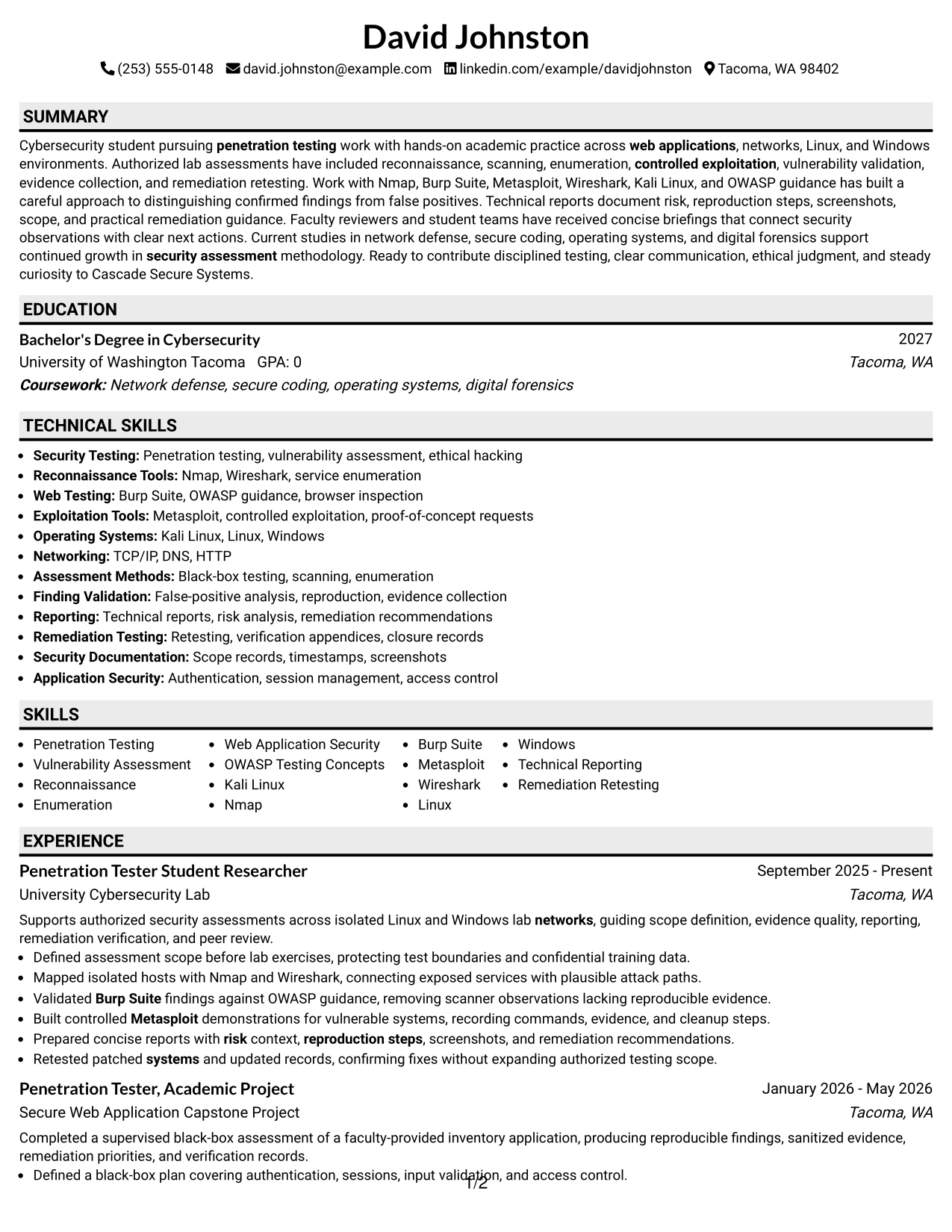 Resume Example Page 1