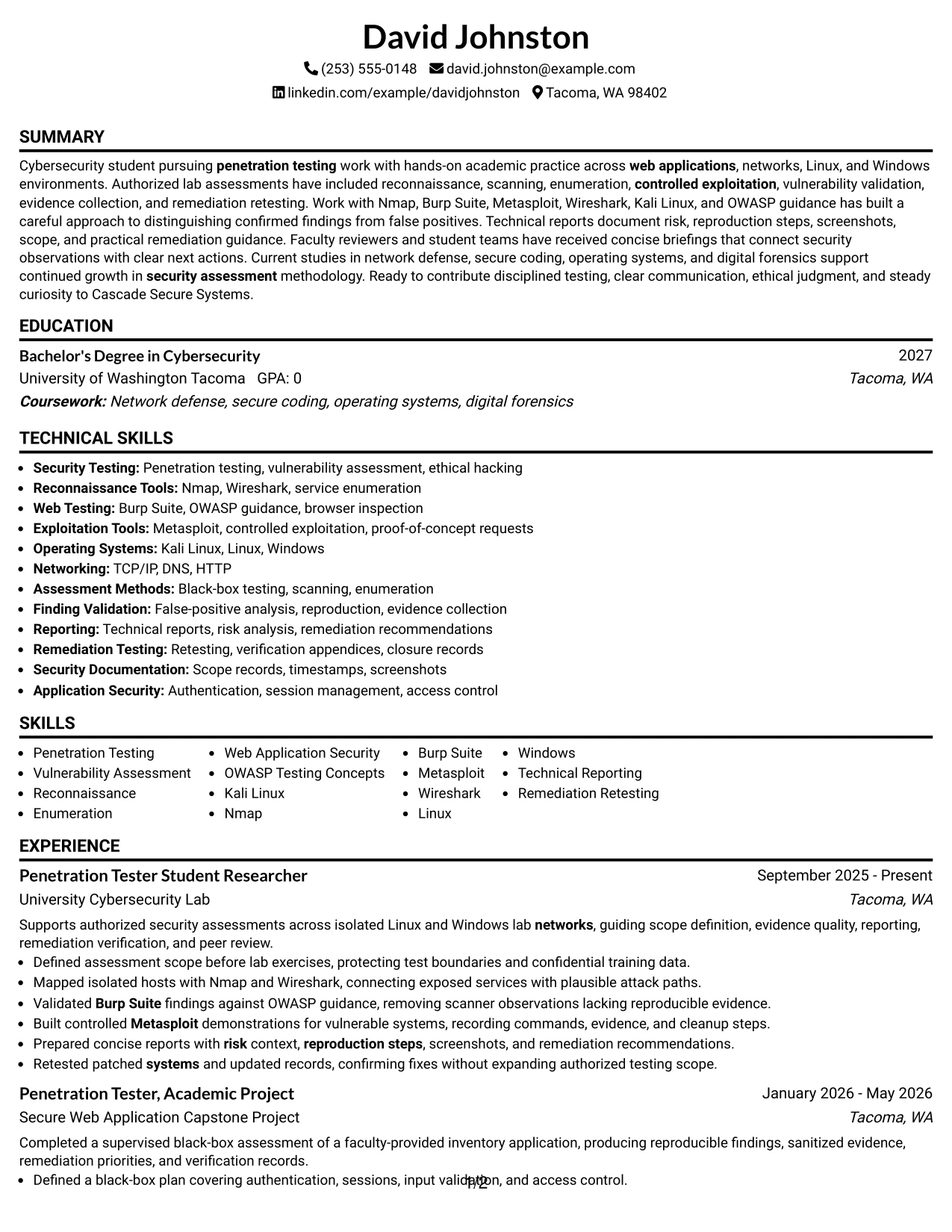 Resume Example Page 1