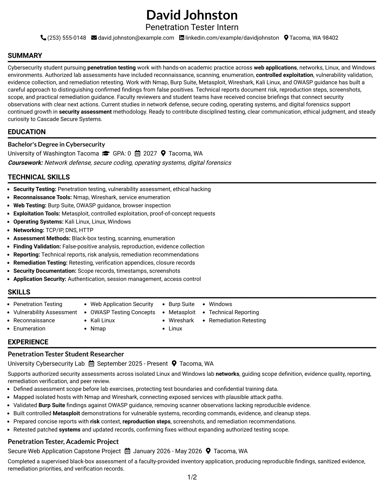 Resume Example Page 1