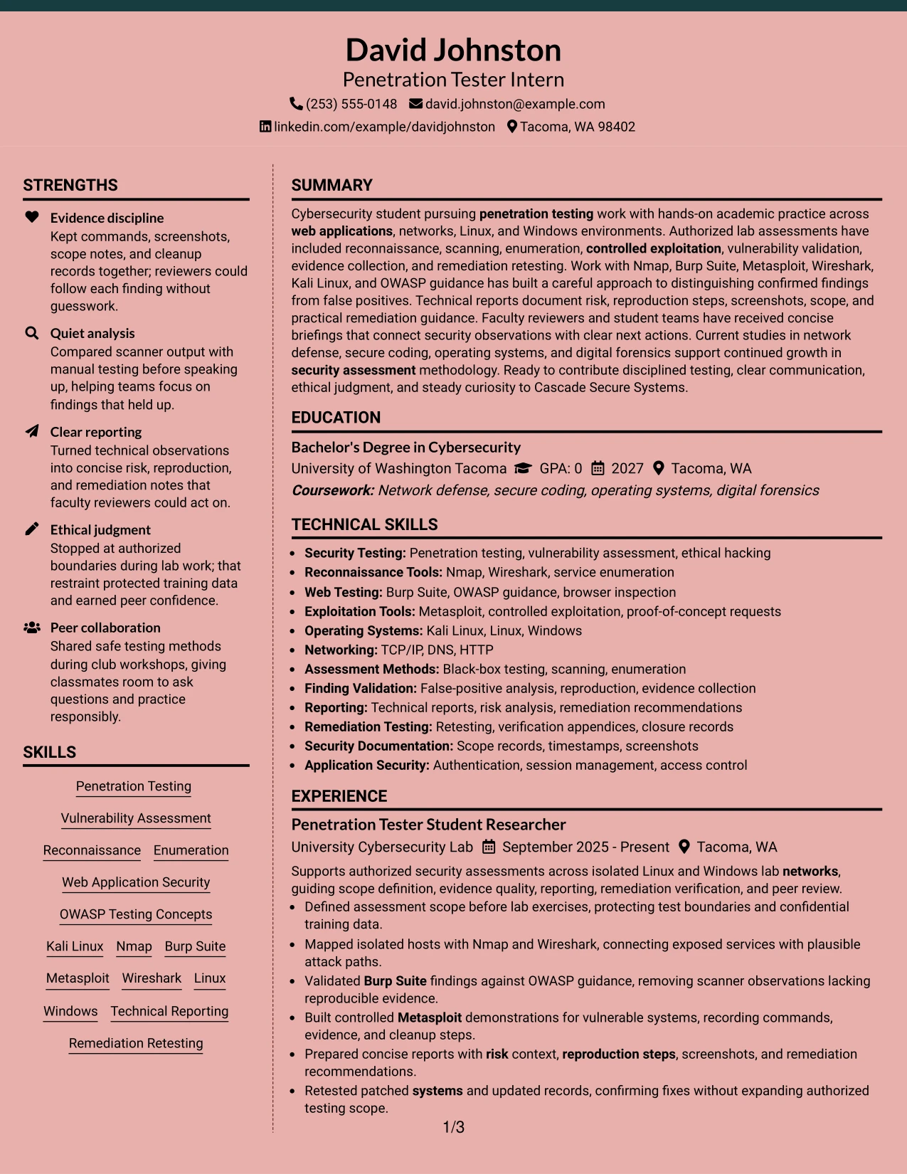 Resume Example Page 1