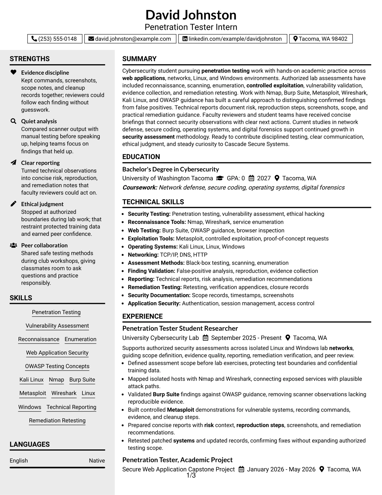 Resume Example Page 1