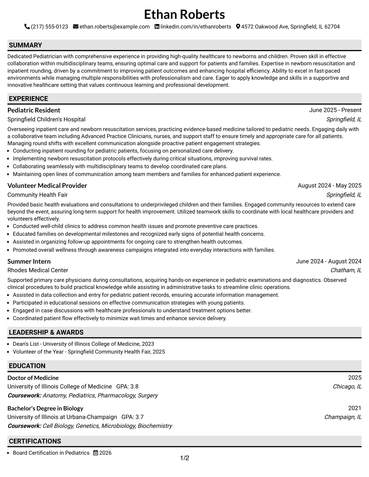 Resume Example Page 1