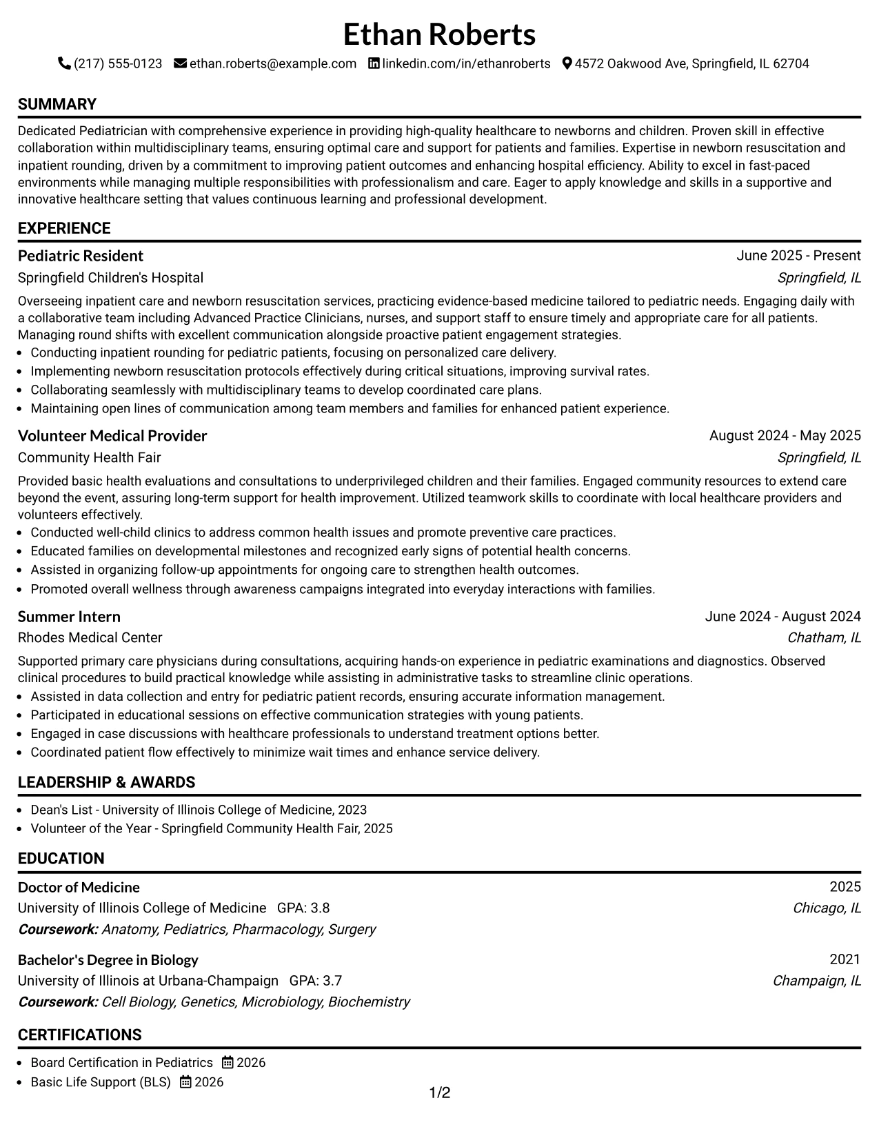 Resume Example Page 1