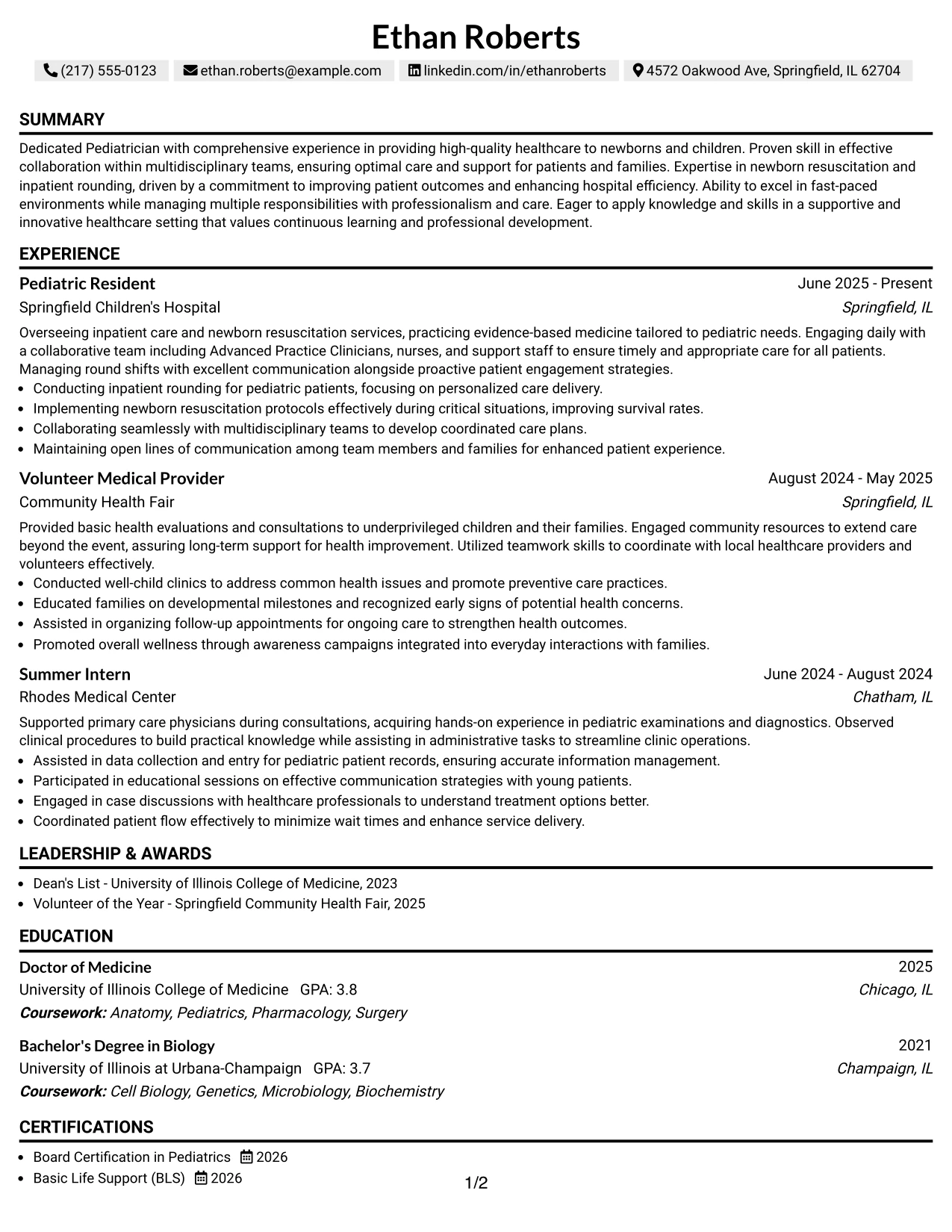 Resume Example Page 1