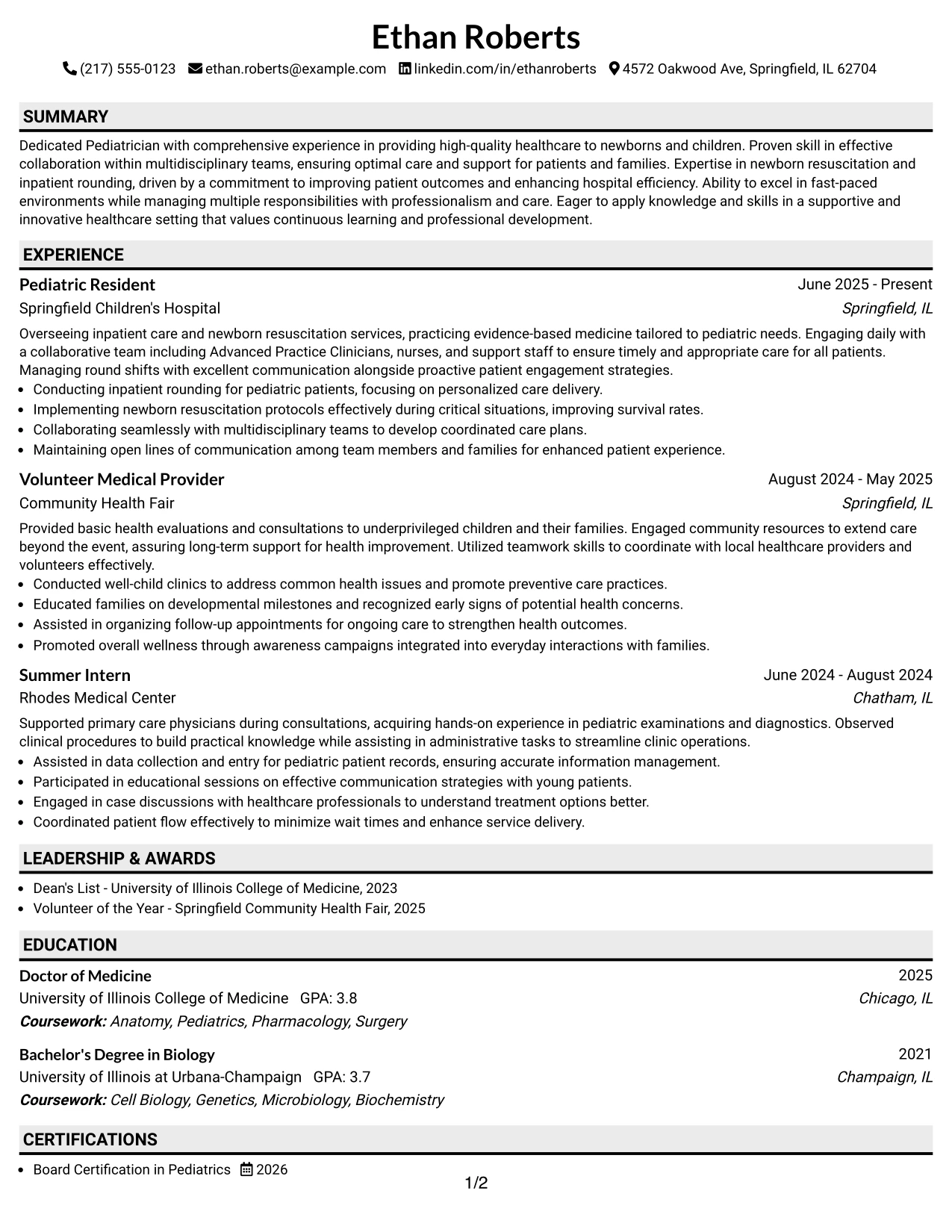Resume Example Page 1