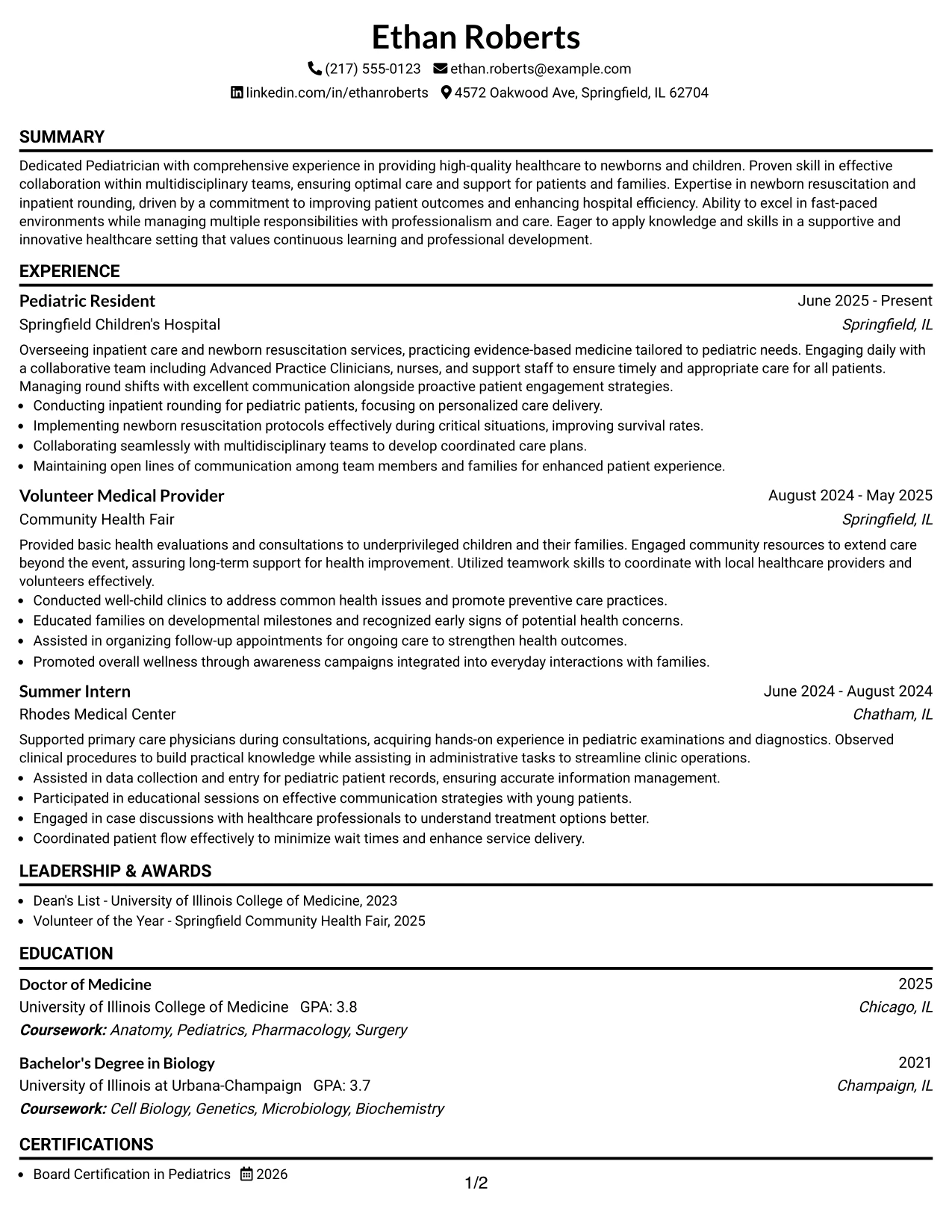Resume Example Page 1