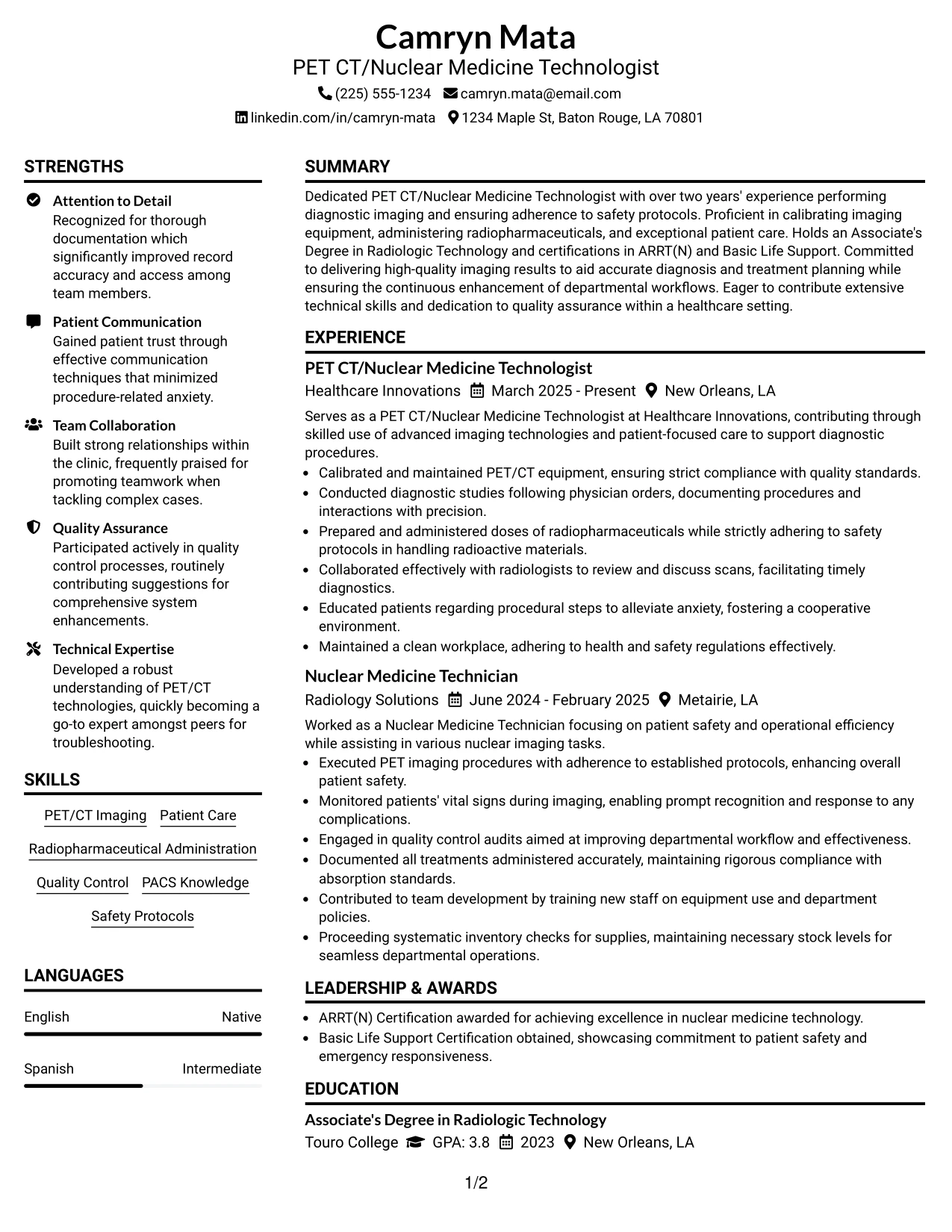 Resume Example Page 1