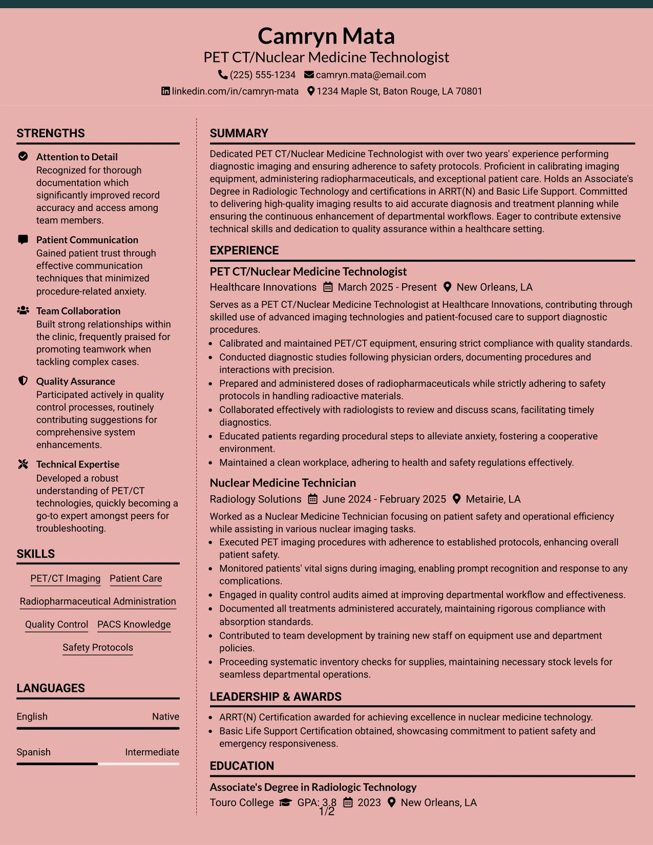 Resume Example Page 1