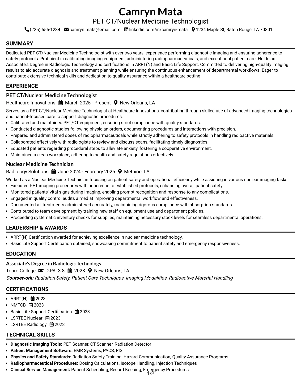 Resume Example Page 1