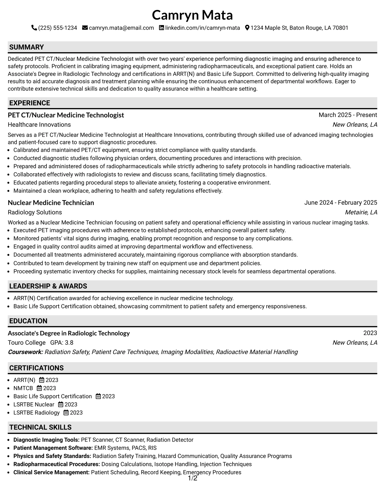 Resume Example Page 1