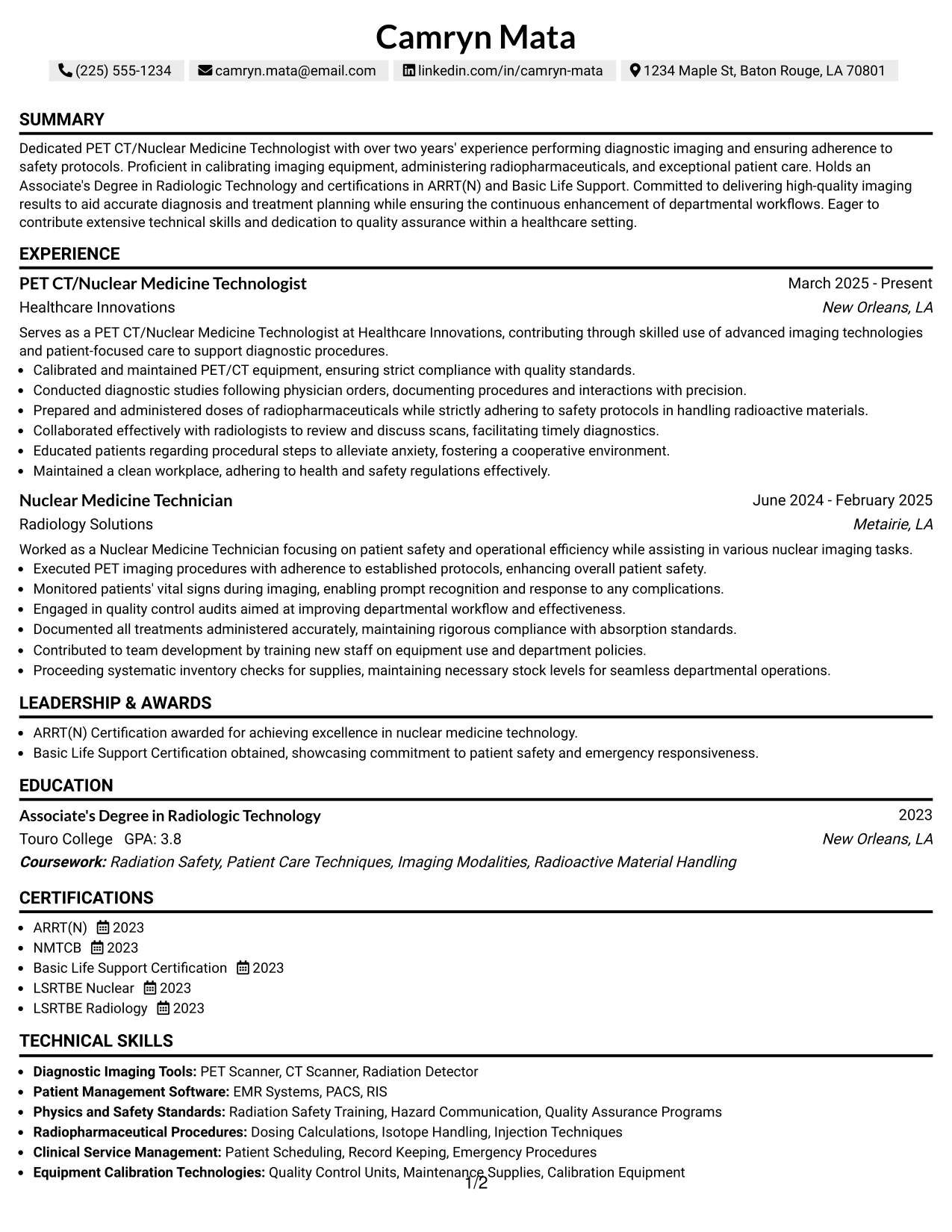 Resume Example Page 1
