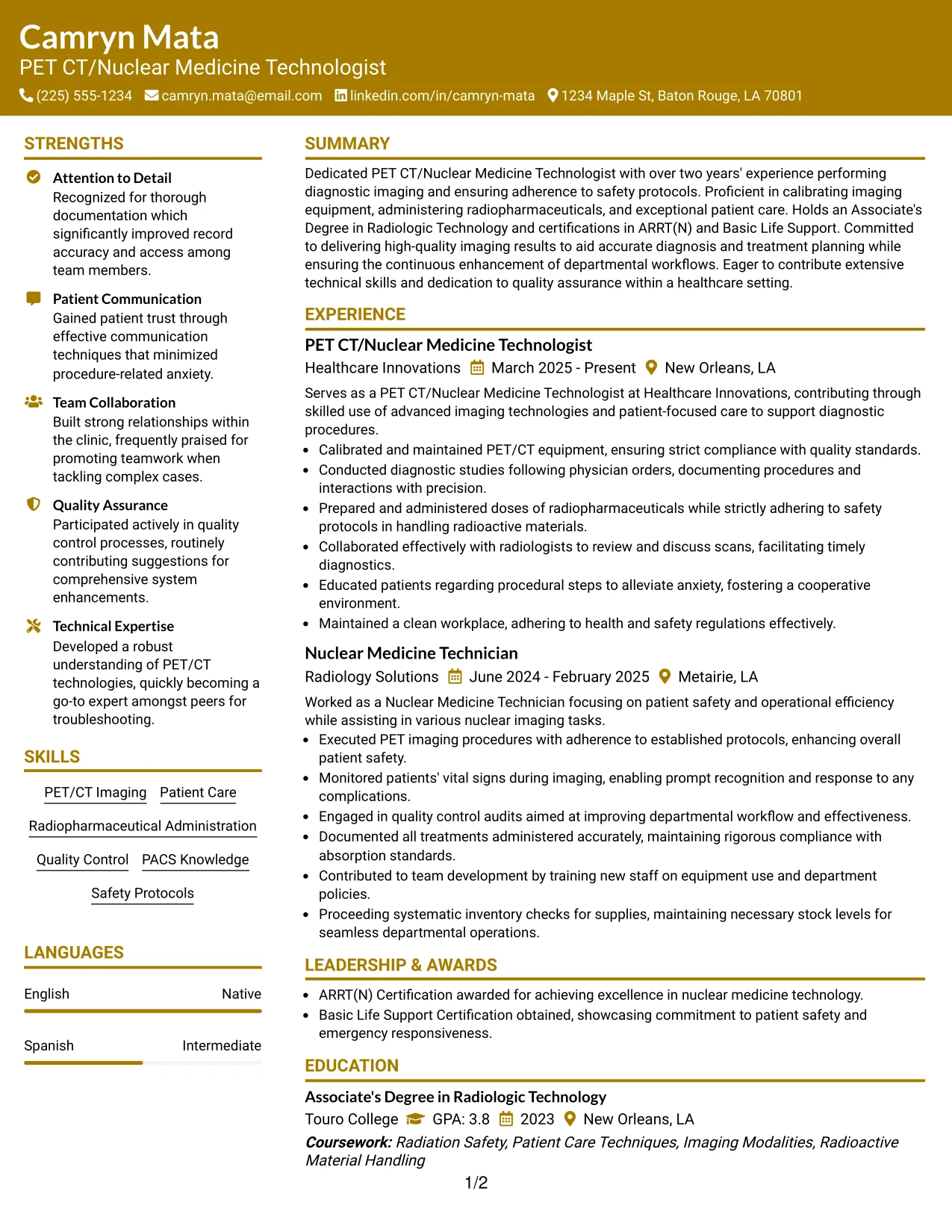 Resume Example Page 1