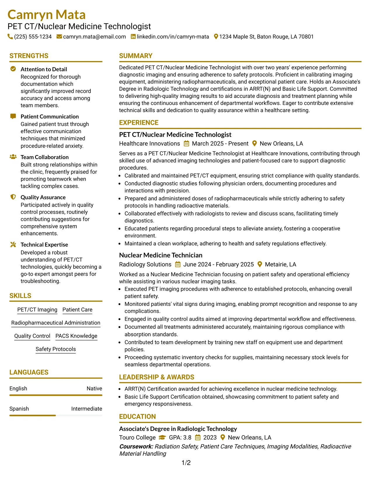 Resume Example Page 1