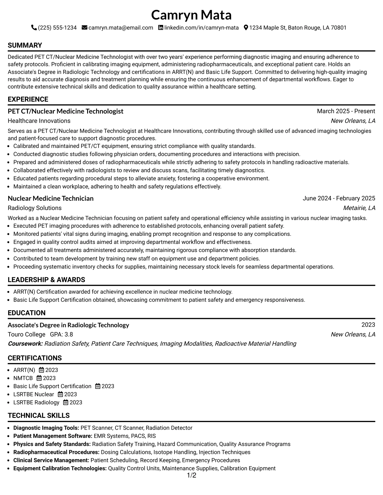 Resume Example Page 1