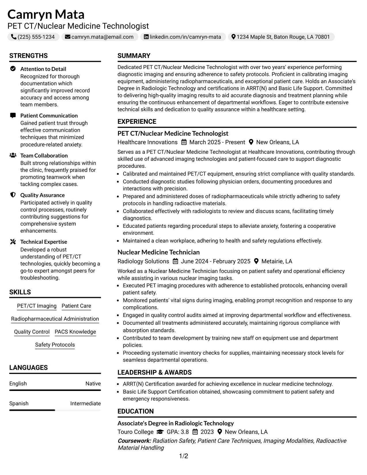 Resume Example Page 1