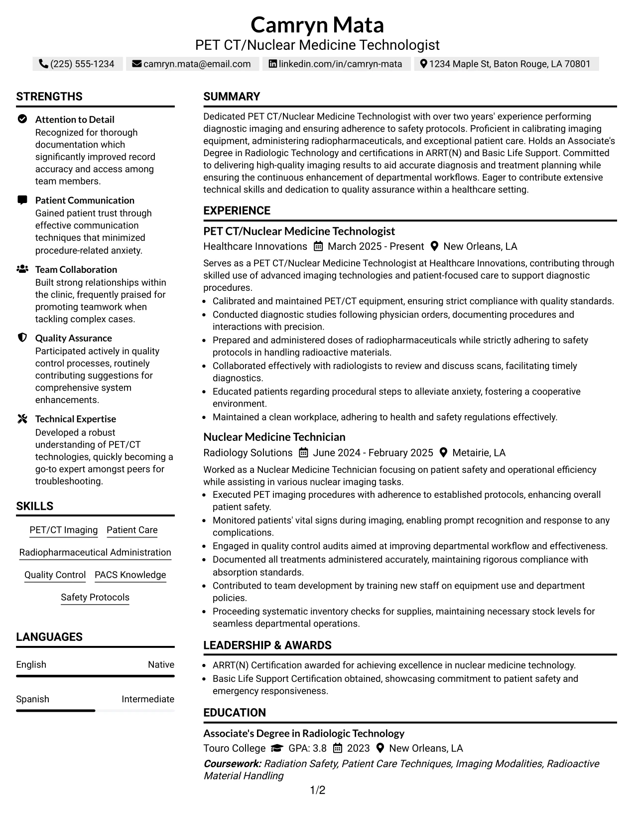 Resume Example Page 1