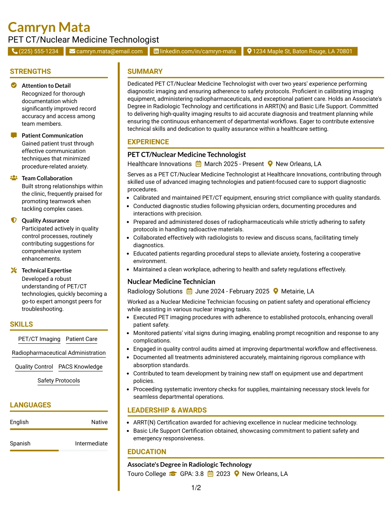 Resume Example Page 1