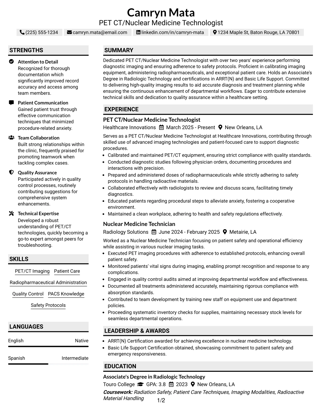 Resume Example Page 1