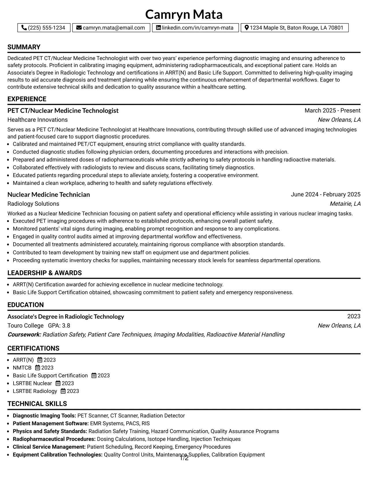 Resume Example Page 1