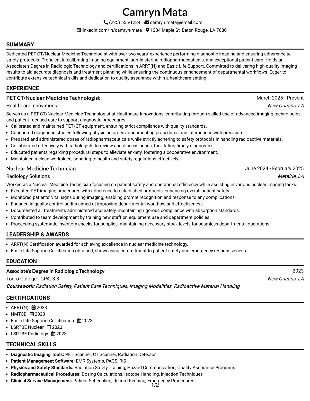 Resume Example Page 1