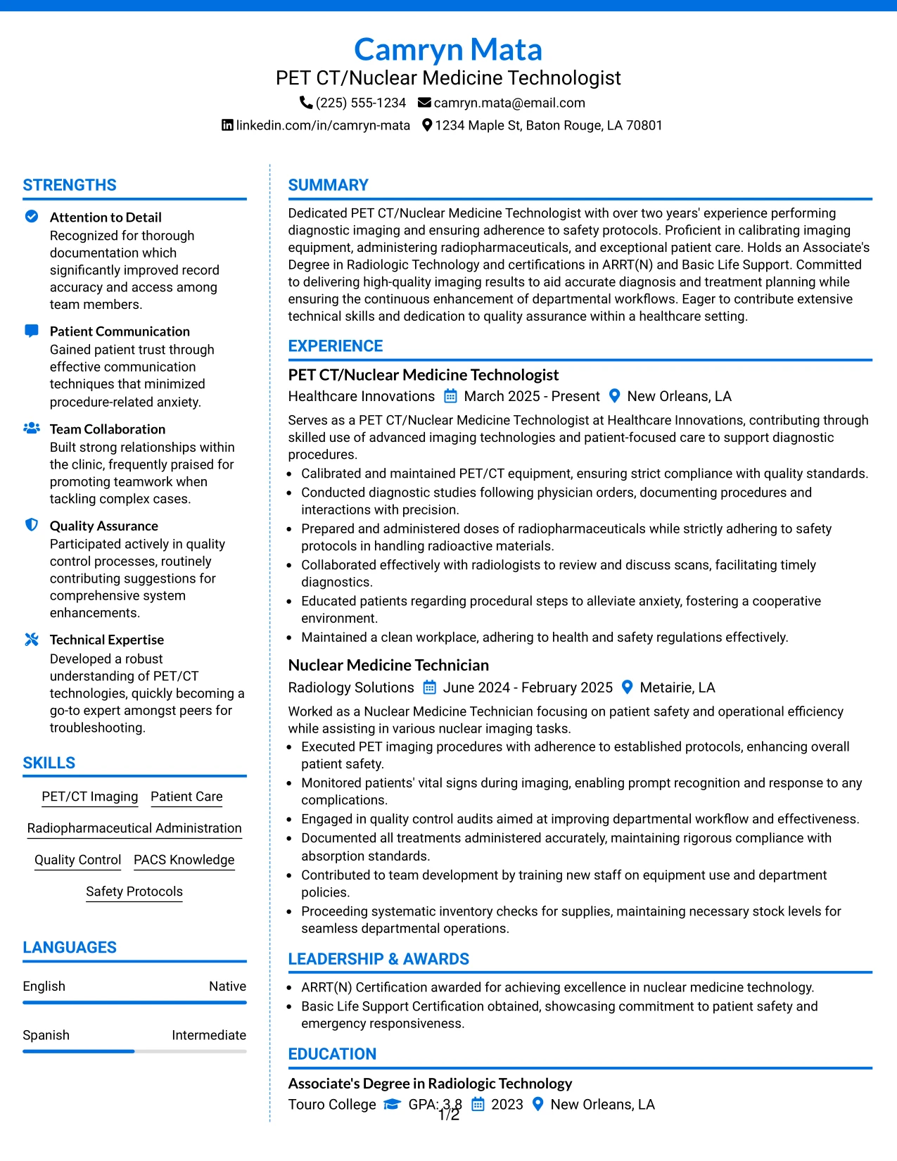 Resume Example Page 1