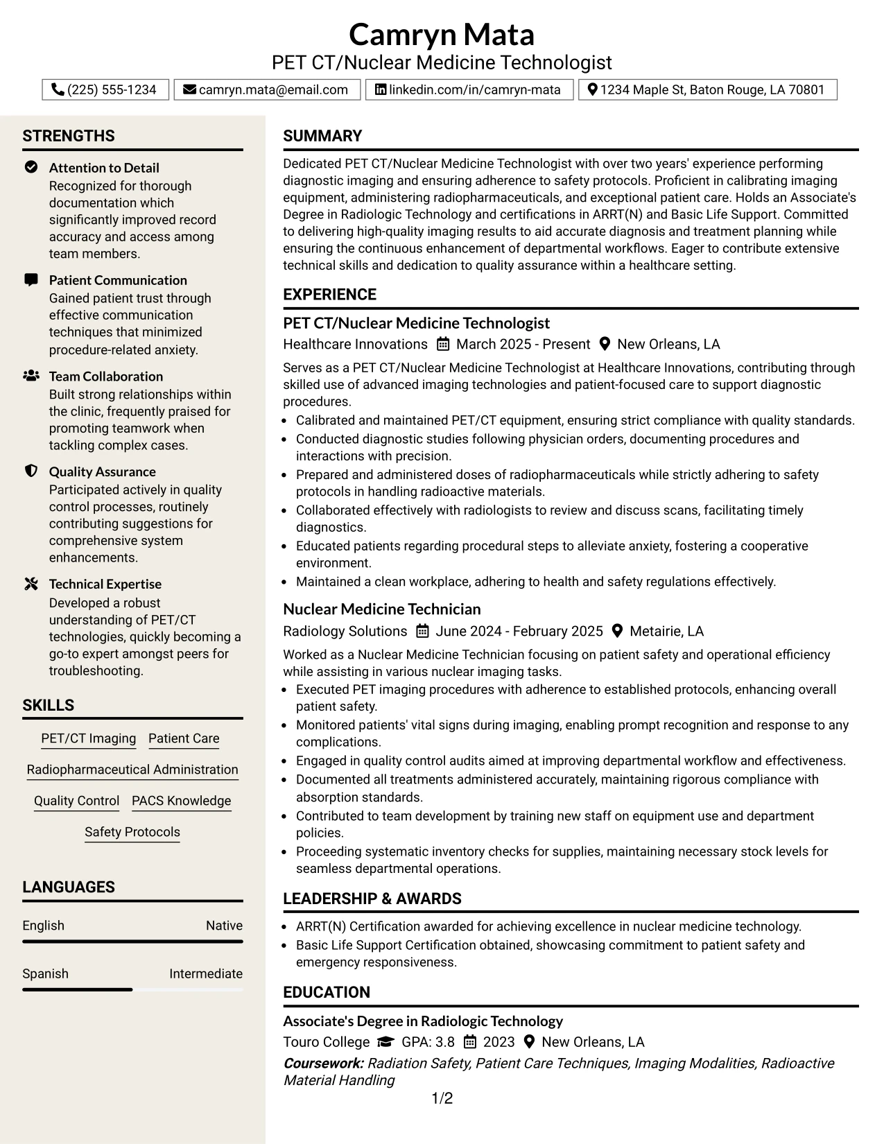 Resume Example Page 1
