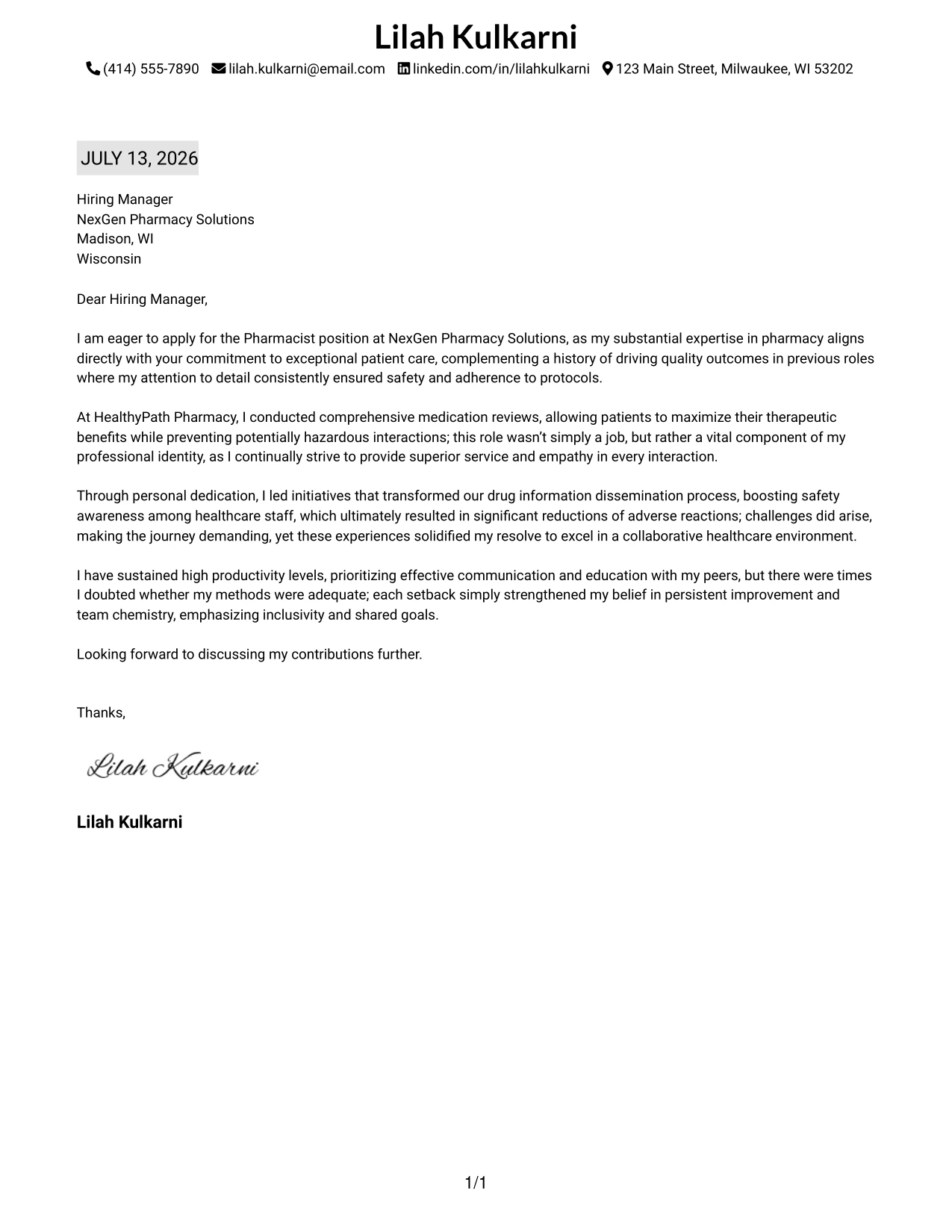 Resume Example Page 1