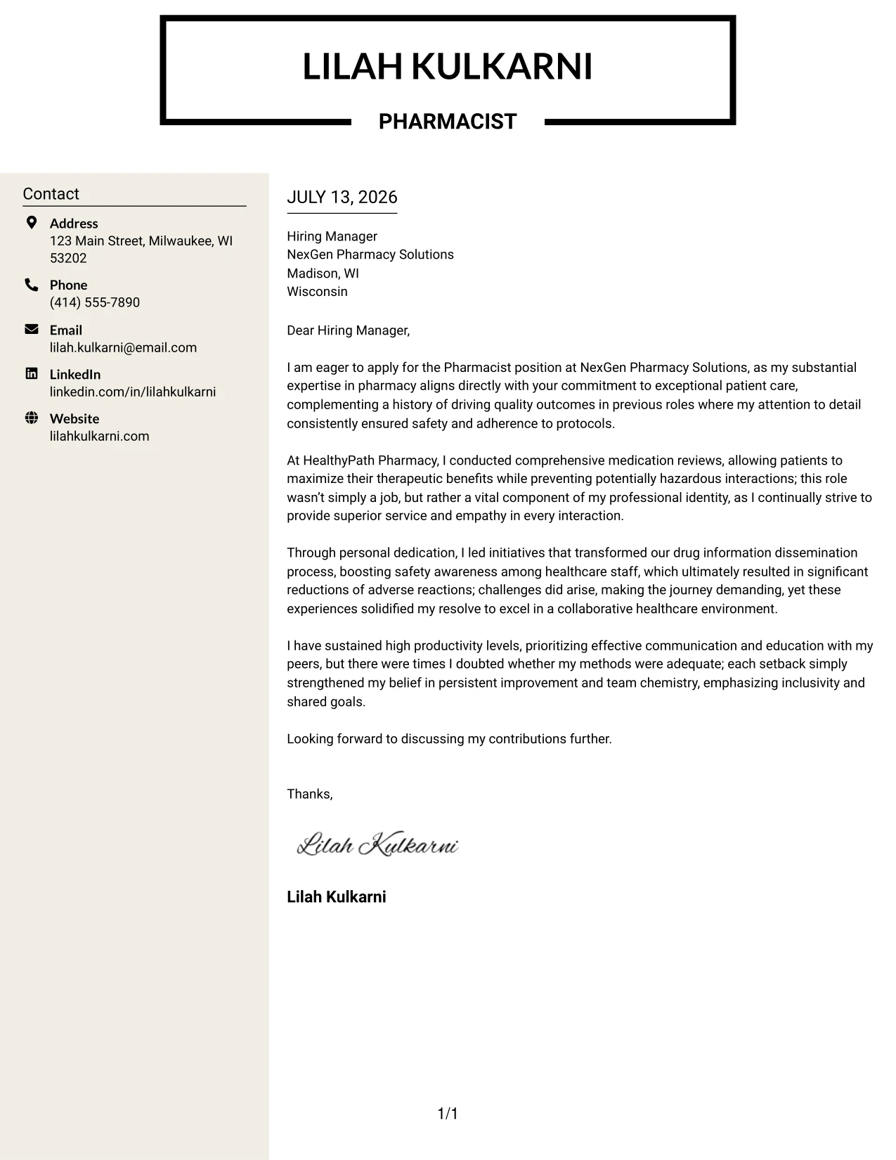 Resume Example Page 1