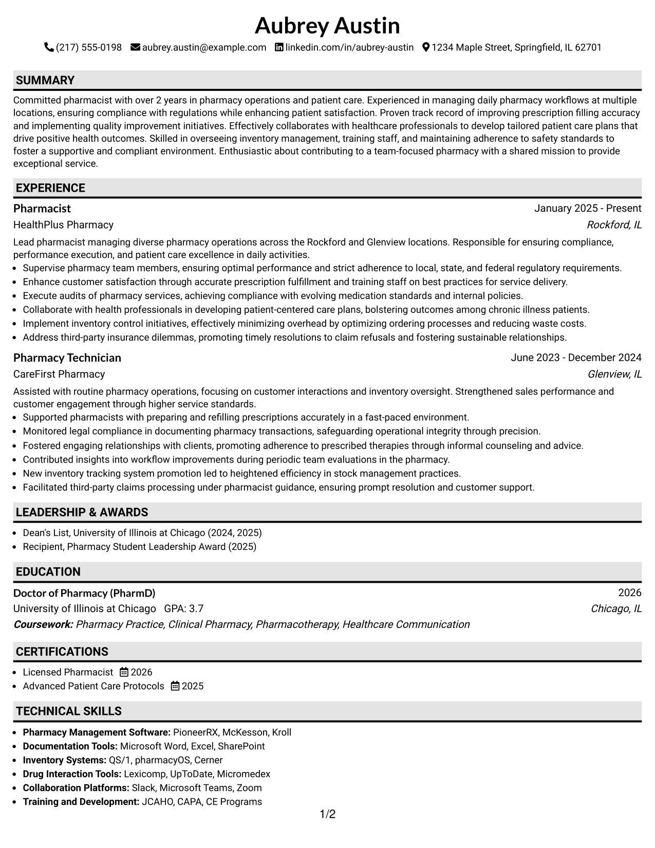 Resume Example Page 1